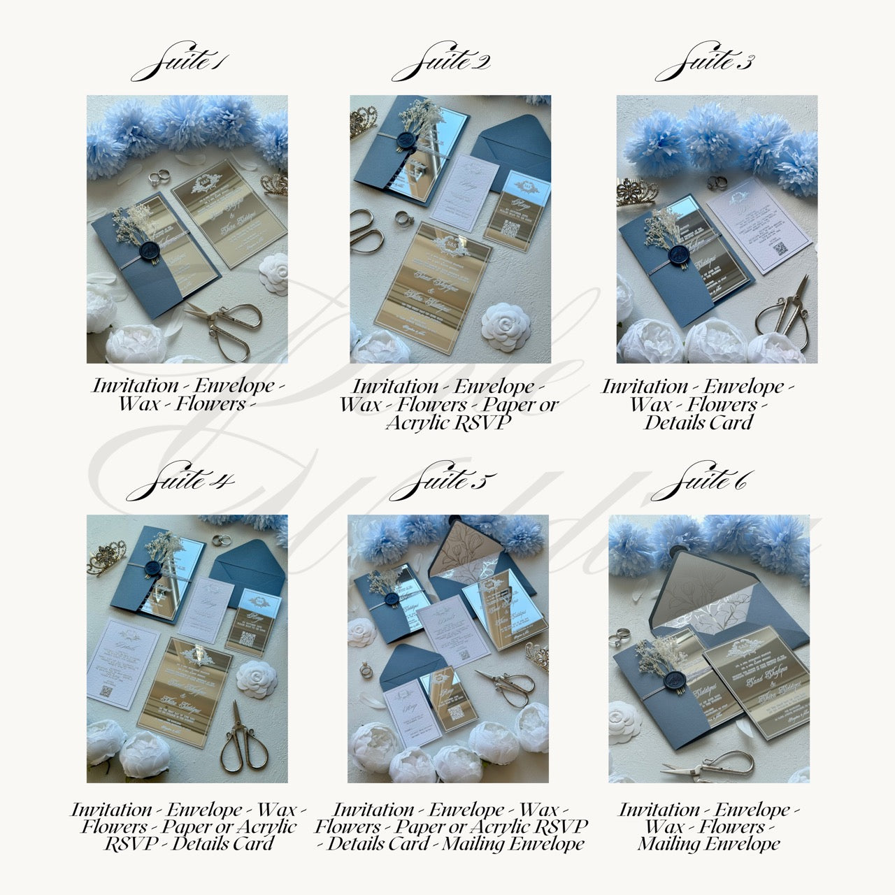 SILVER ACRYLIC WEDDING INVITATIONS WITH BLUE ENVELOPE