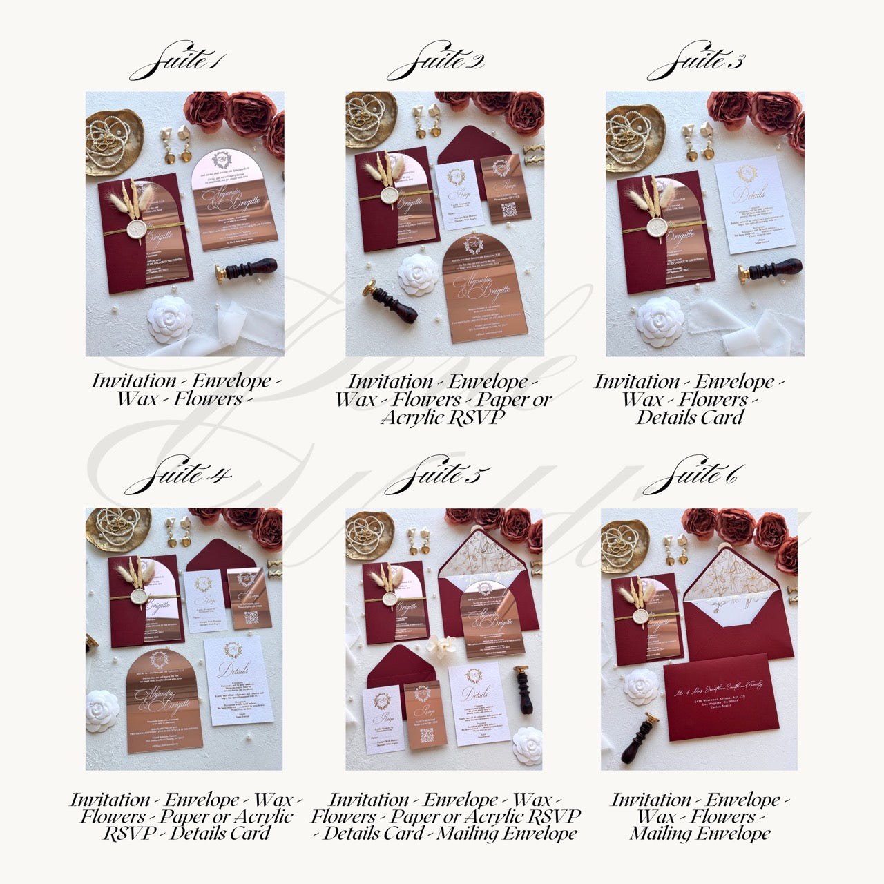 ROSE GOLD ACRYLIC WEDDING INVITATIONS WITH BURGUNDY ENVELOPES