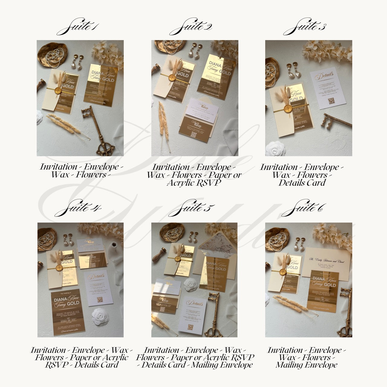 GOLD ACRYLIC WEDDING INVITATIONS WITH IVORY ENVELOPE