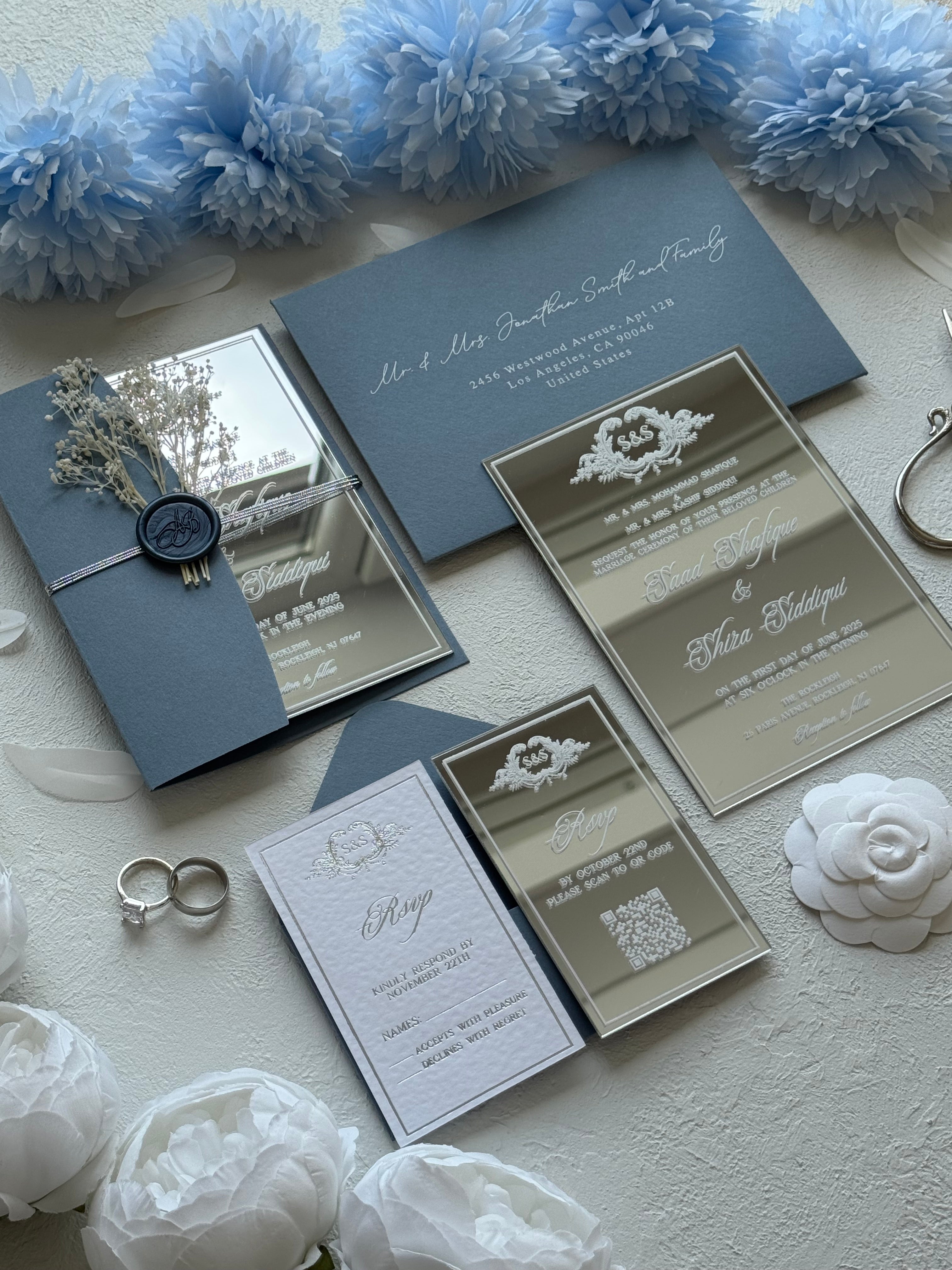 SILVER ACRYLIC WEDDING INVITATIONS WITH BLUE ENVELOPE