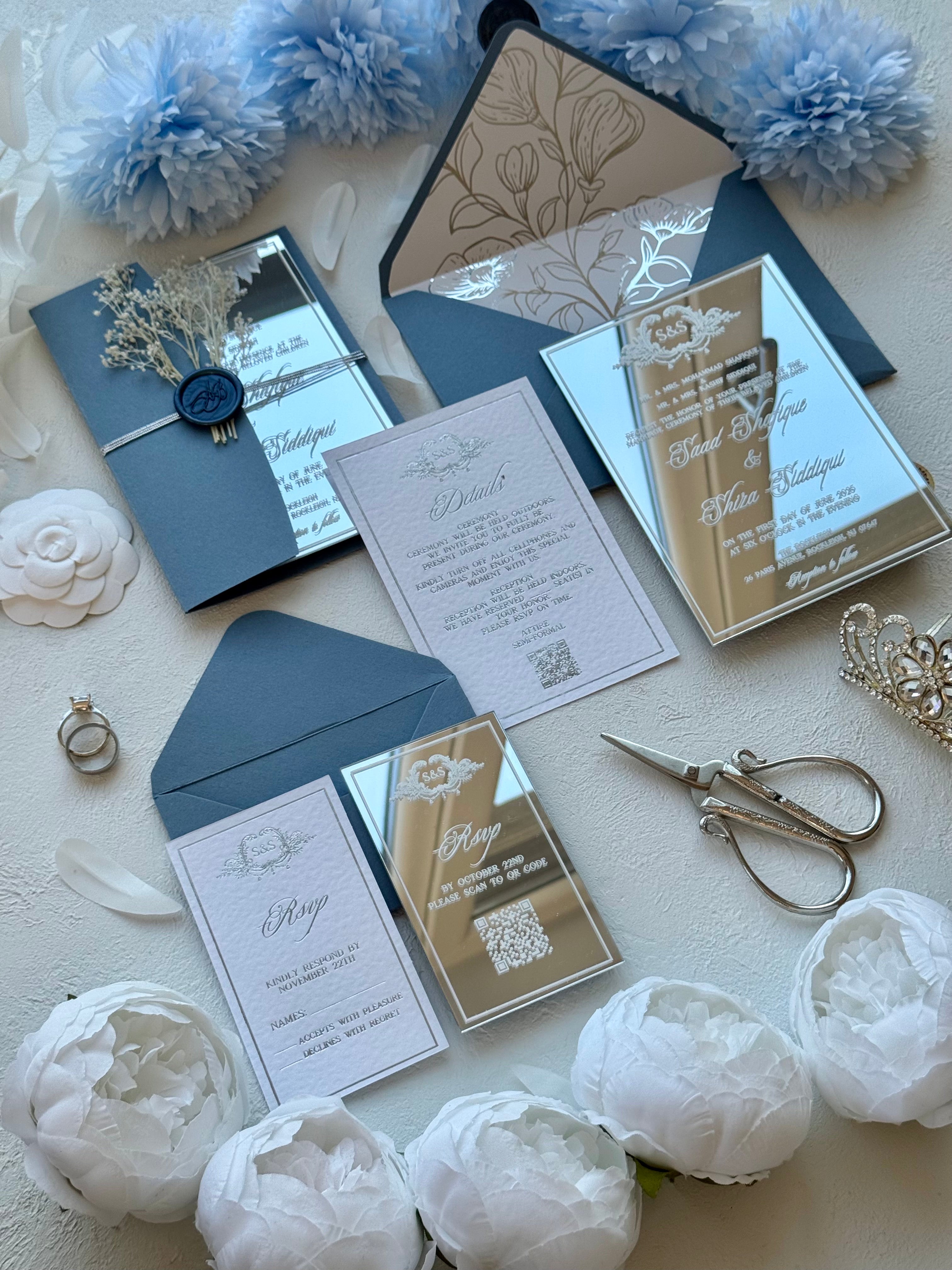 SILVER ACRYLIC WEDDING INVITATIONS WITH BLUE ENVELOPE