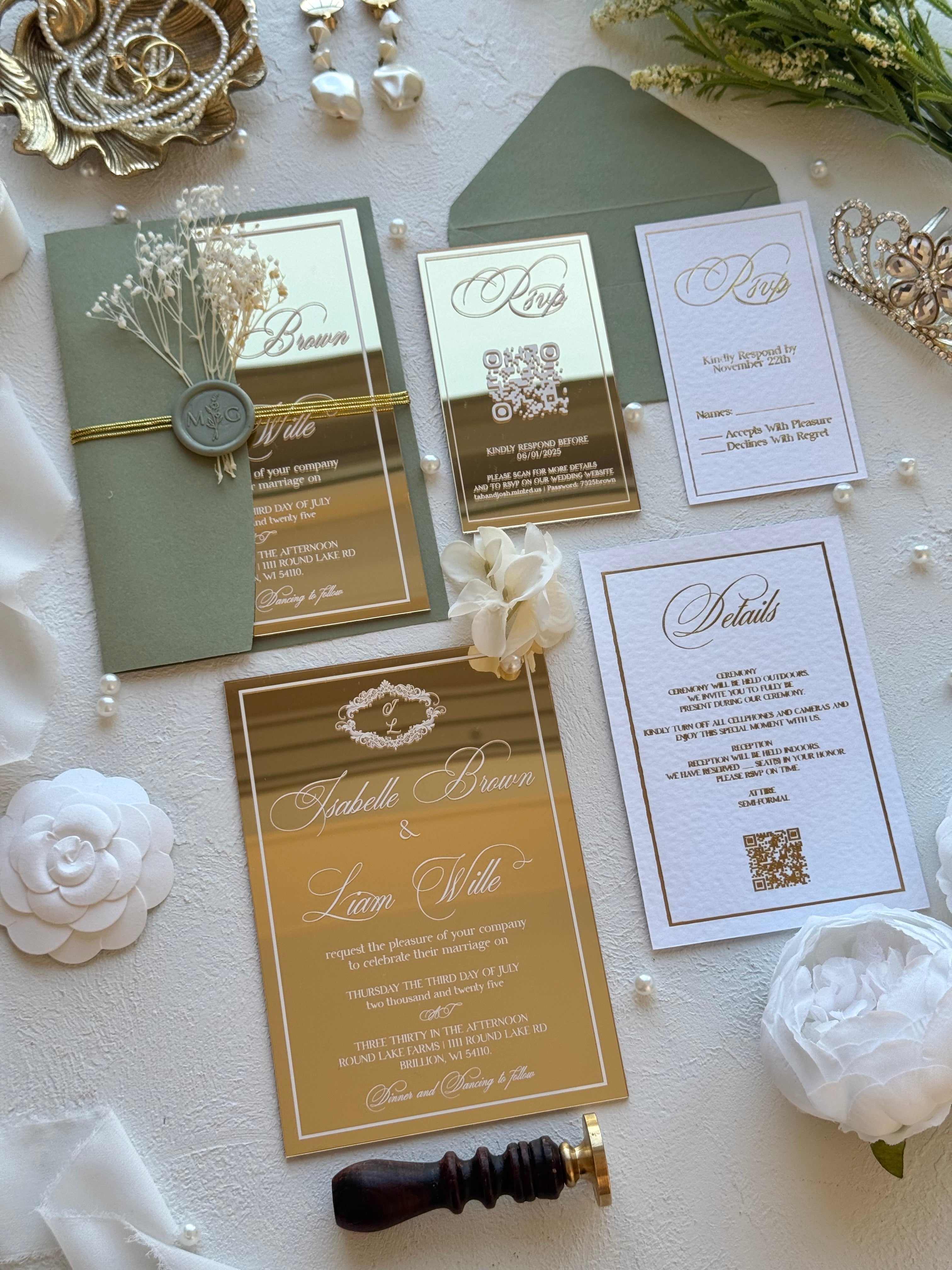 MIRROR GOLD ACRYLIC WEDDING INVITATIONS WITH SAGE GREEN ENVELOPE