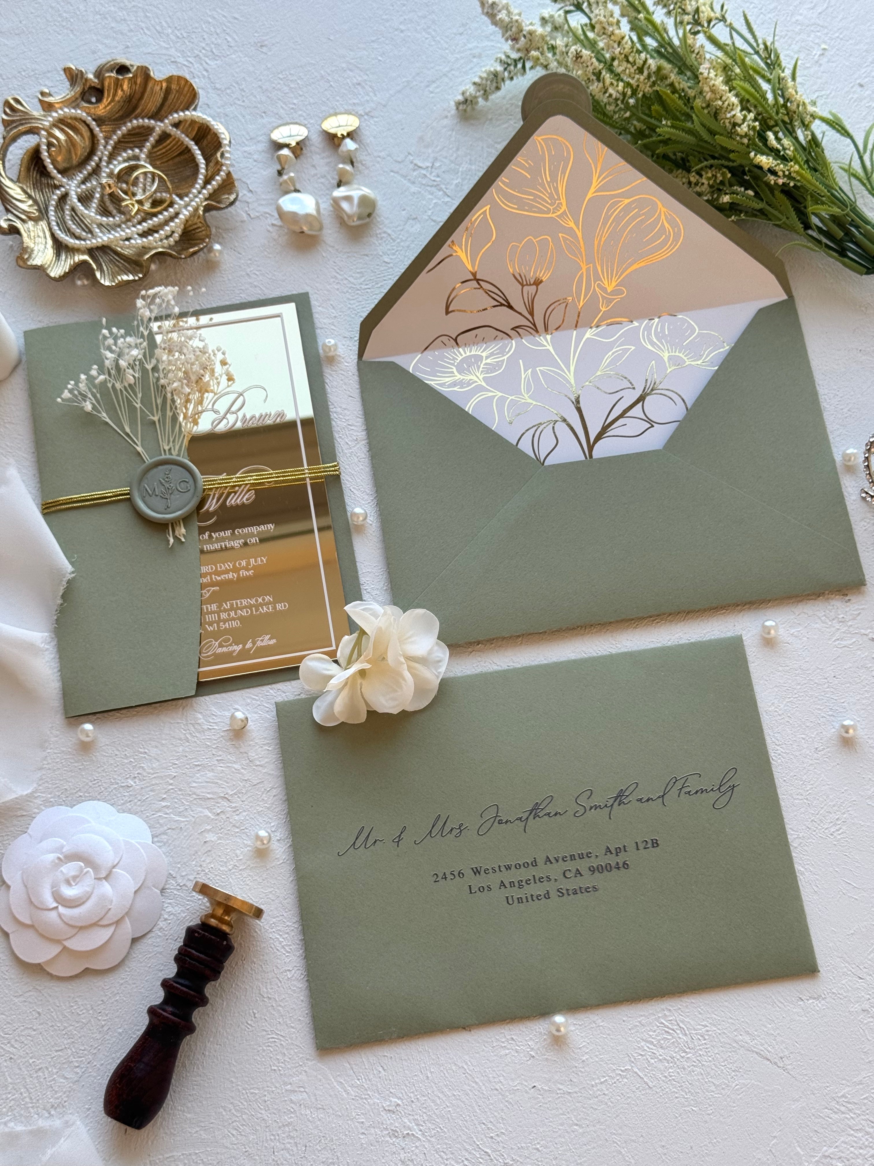 MIRROR GOLD ACRYLIC WEDDING INVITATIONS WITH SAGE GREEN ENVELOPE