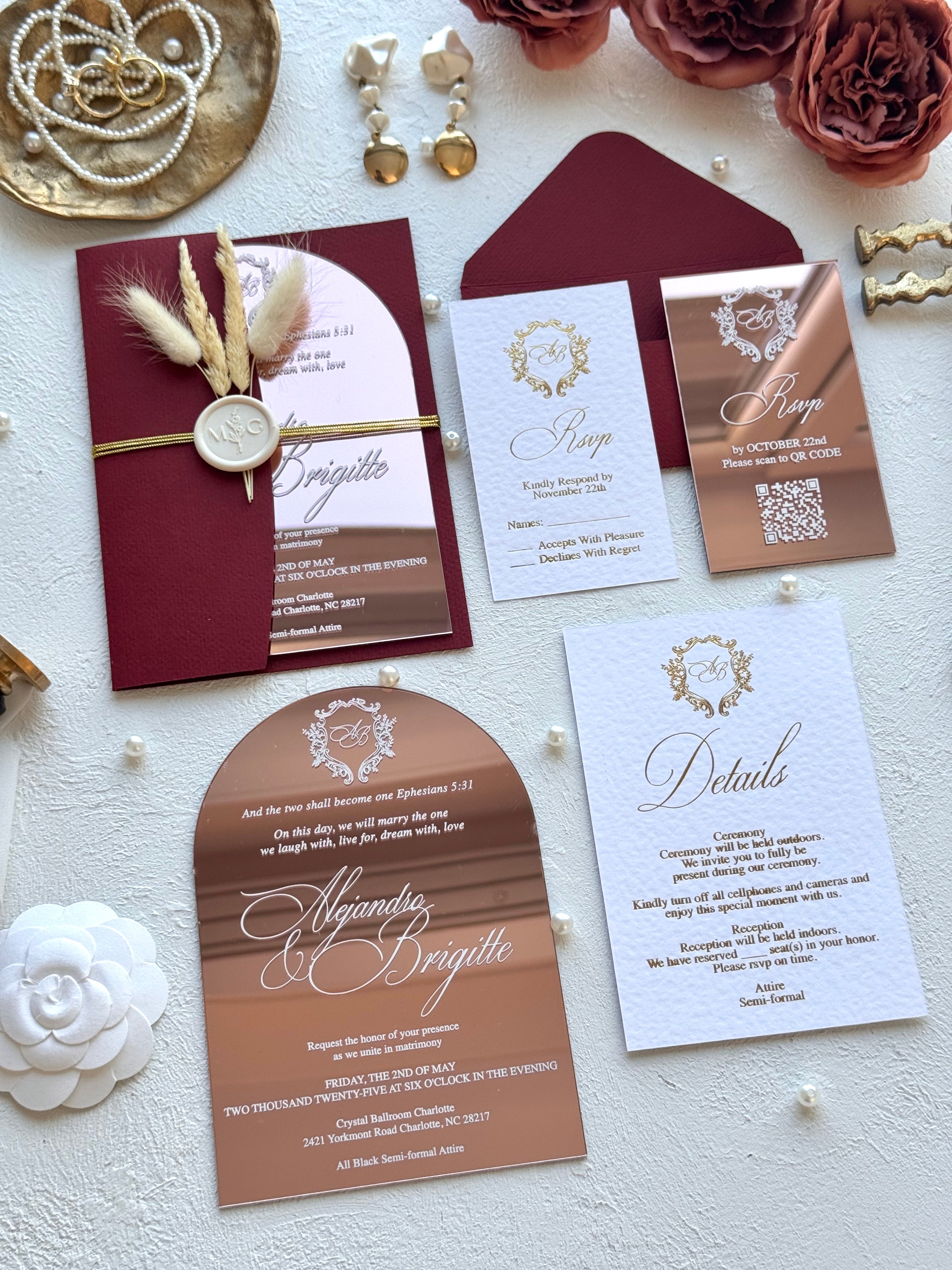 ROSE GOLD ACRYLIC WEDDING INVITATIONS WITH BURGUNDY ENVELOPES