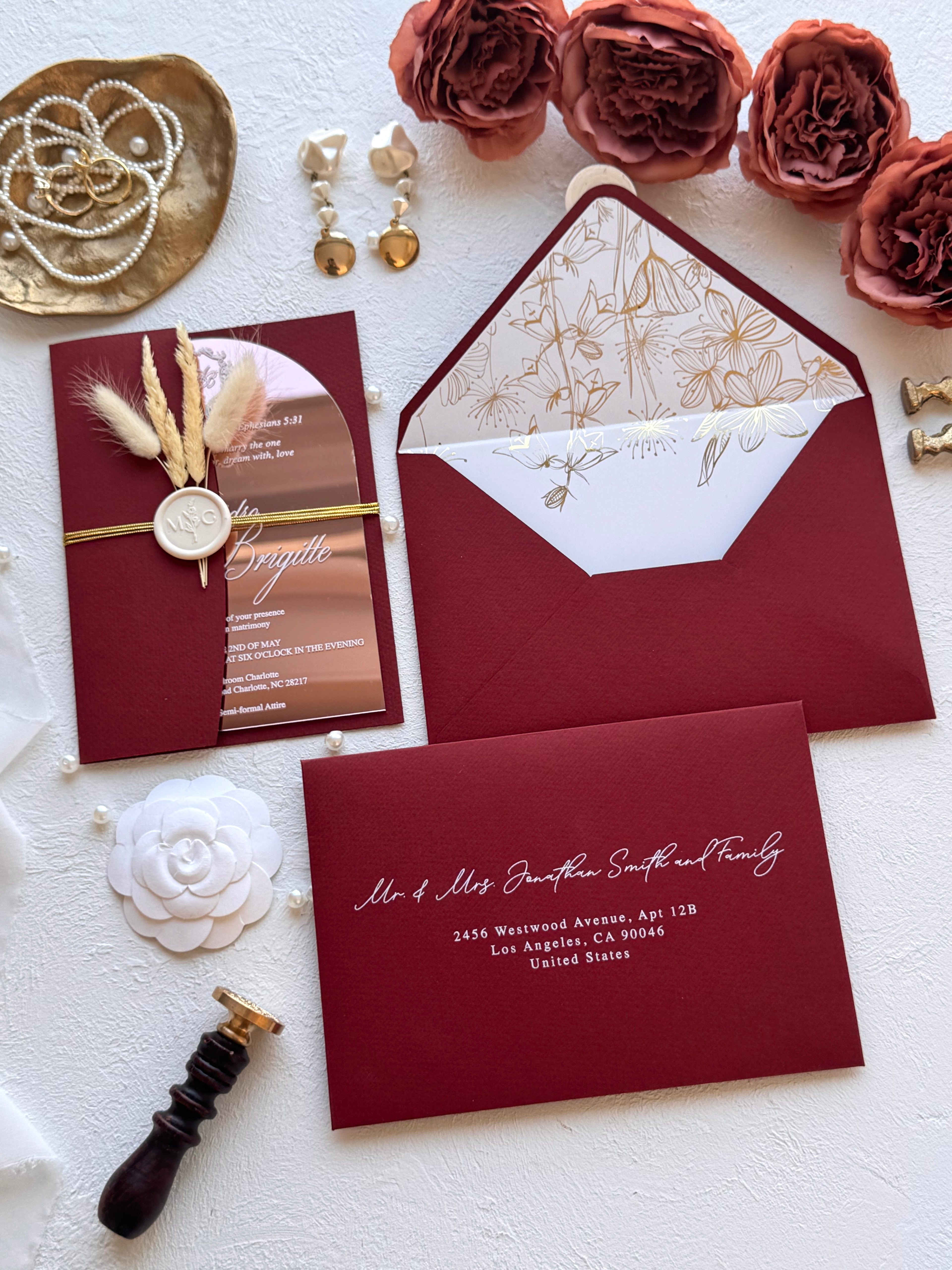 ROSE GOLD ACRYLIC WEDDING INVITATIONS WITH BURGUNDY ENVELOPES