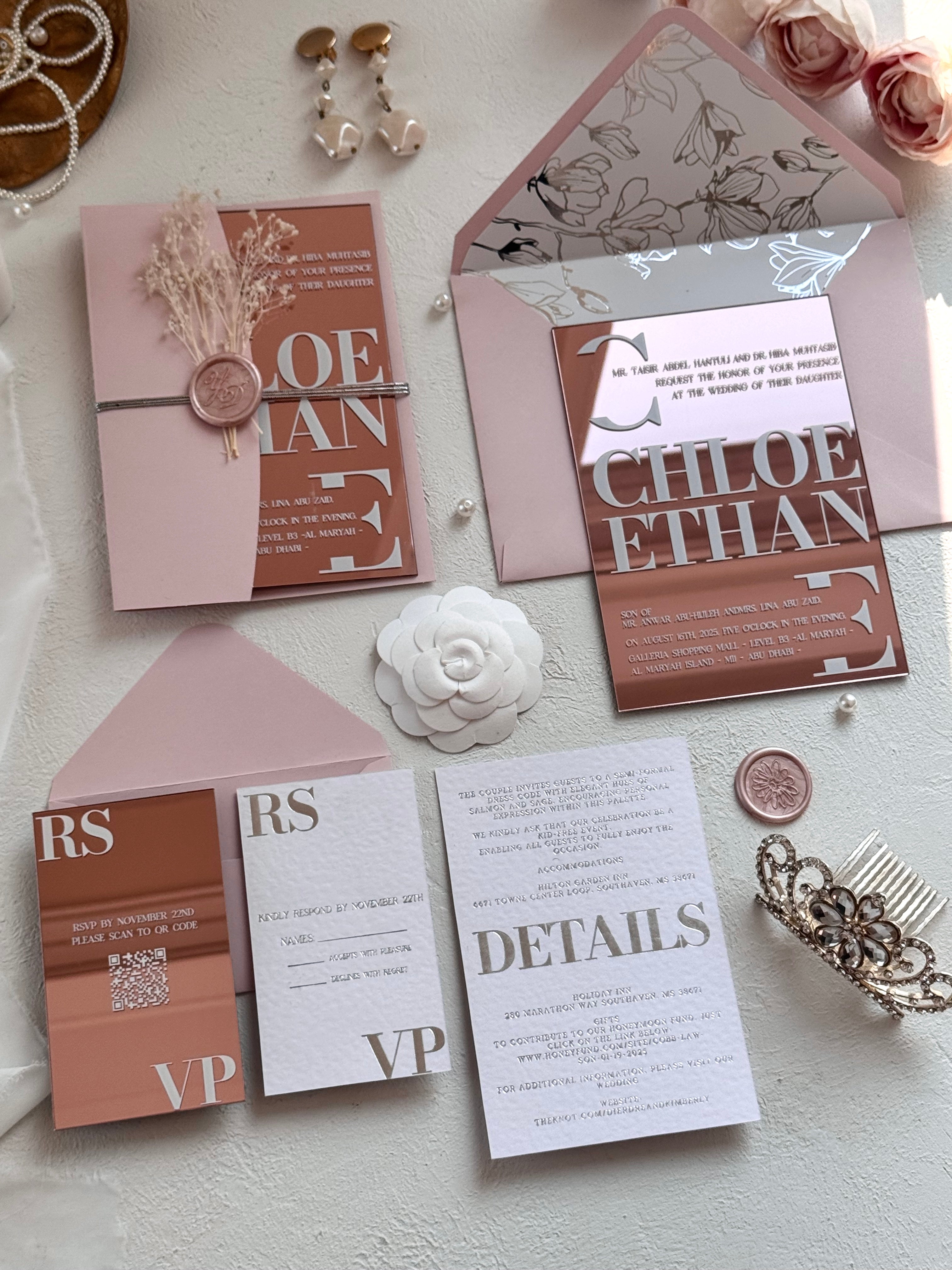 ROSE GOLD ACRYLIC WEDDING INVITATIONS WITH BLUSH PINK ENVELOPES