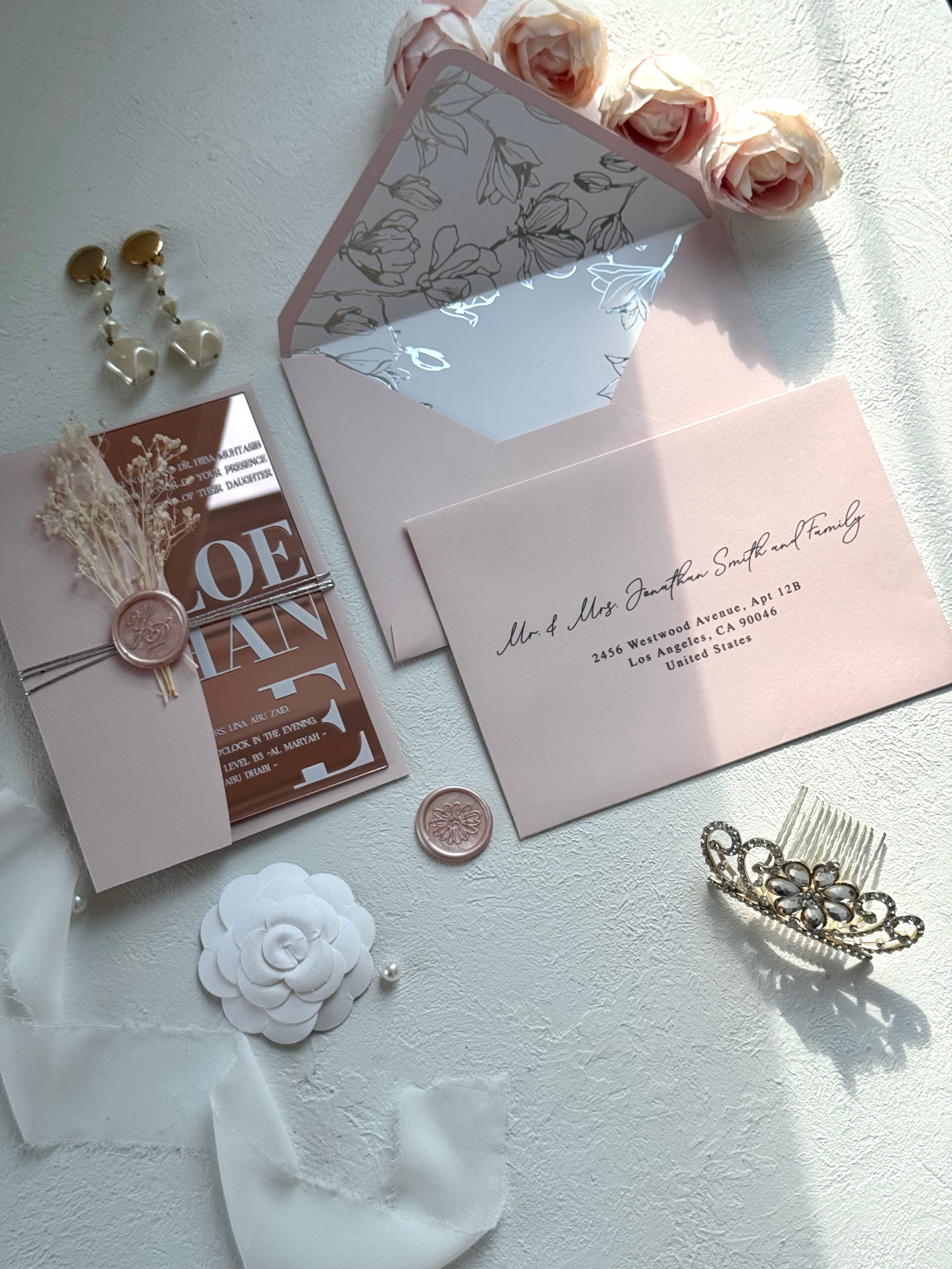 ROSE GOLD ACRYLIC WEDDING INVITATIONS WITH BLUSH PINK ENVELOPES