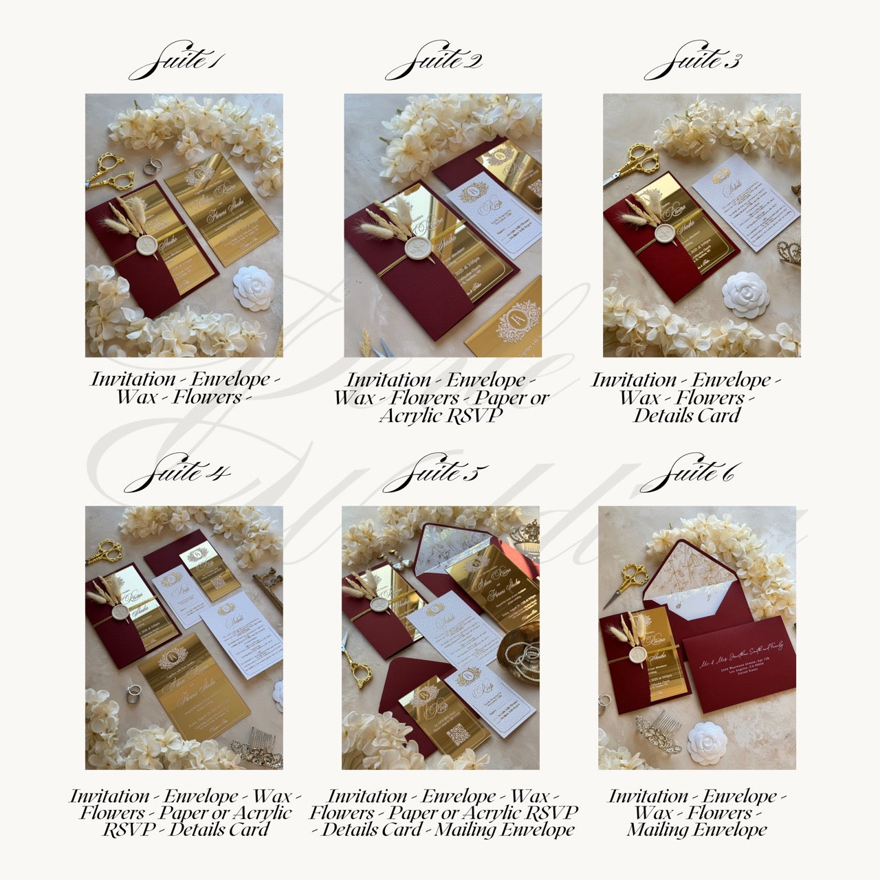 GOLD ACRYLIC WEDDING INVITATIONS WITH BURGUNDY ENVELOPE