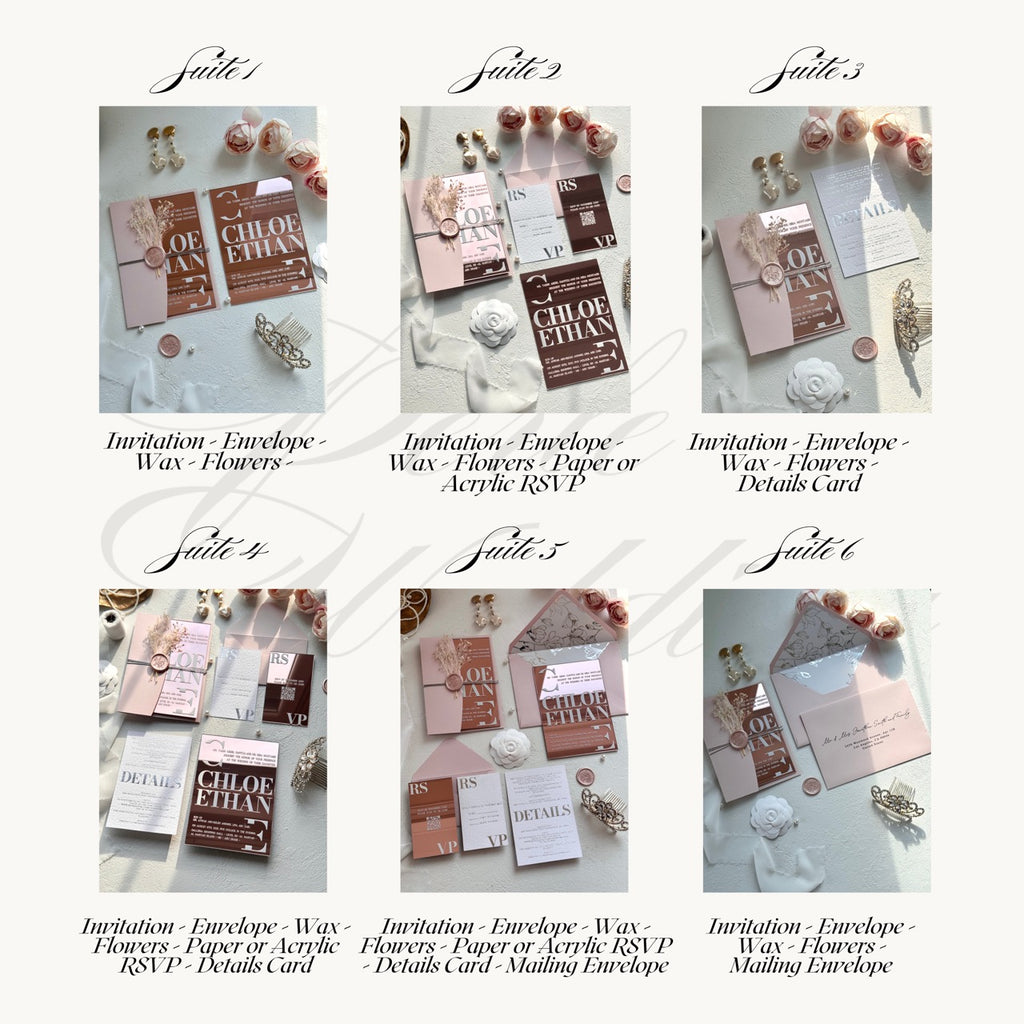 ROSE GOLD ACRYLIC WEDDING INVITATIONS WITH BLUSH PINK ENVELOPES