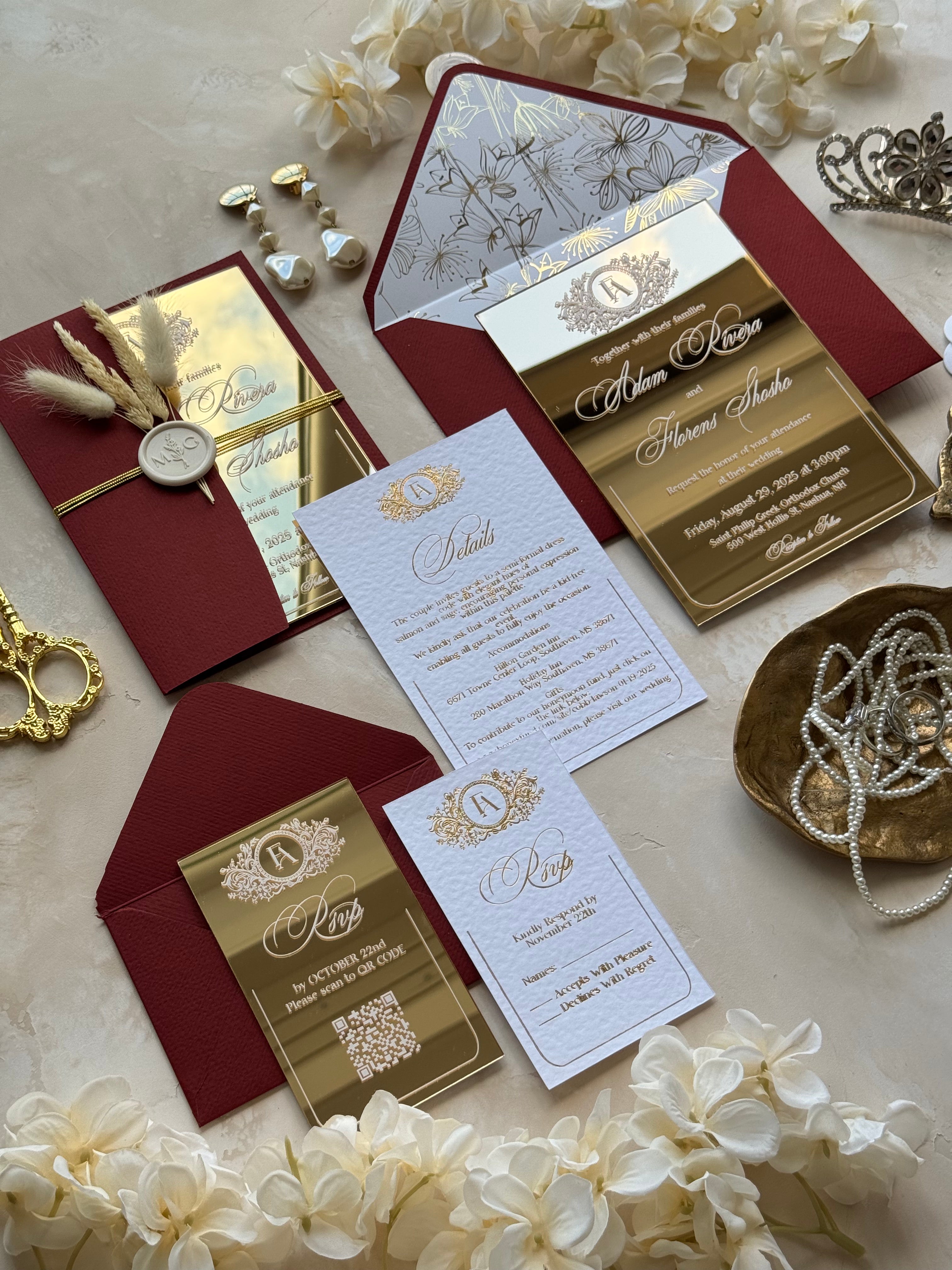 GOLD ACRYLIC WEDDING INVITATIONS WITH BURGUNDY ENVELOPE