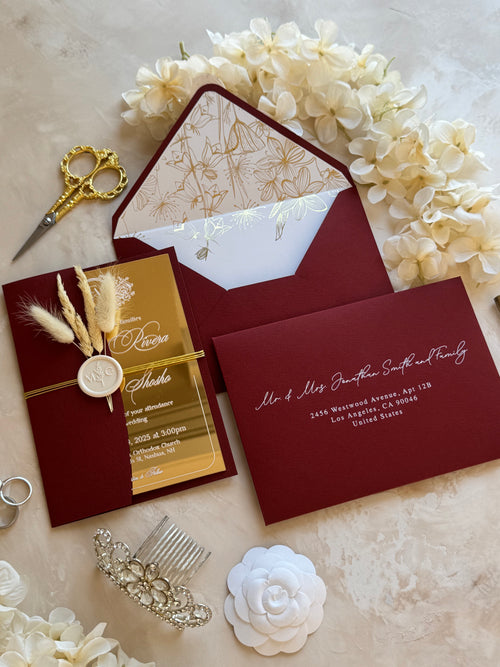 GOLD ACRYLIC WEDDING INVITATIONS WITH BURGUNDY ENVELOPE