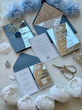 SILVER ACRYLIC WEDDING INVITATIONS WITH BLUE ENVELOPES