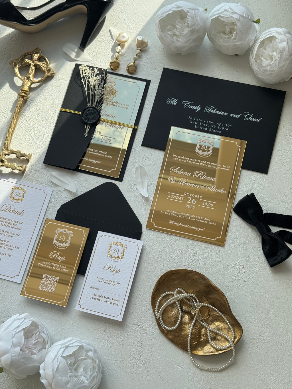 MIRROR GOLD ACRYLIC WEDDING INVITATIONS WITH BLACK ENVELOPES