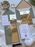 MIRROR GOLD ACRYLIC WEDDING INVITATIONS WITH SAGE GREEN ENVELOPE