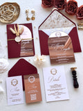 ROSE GOLD ACRYLIC WEDDING INVITATIONS WITH BURGUNDY ENVELOPES