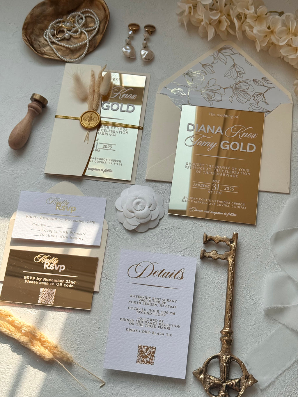 GOLD ACRYLIC WEDDING INVITATIONS WITH IVORY ENVELOPES