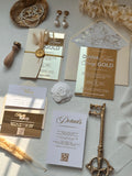 GOLD ACRYLIC WEDDING INVITATIONS WITH IVORY ENVELOPES