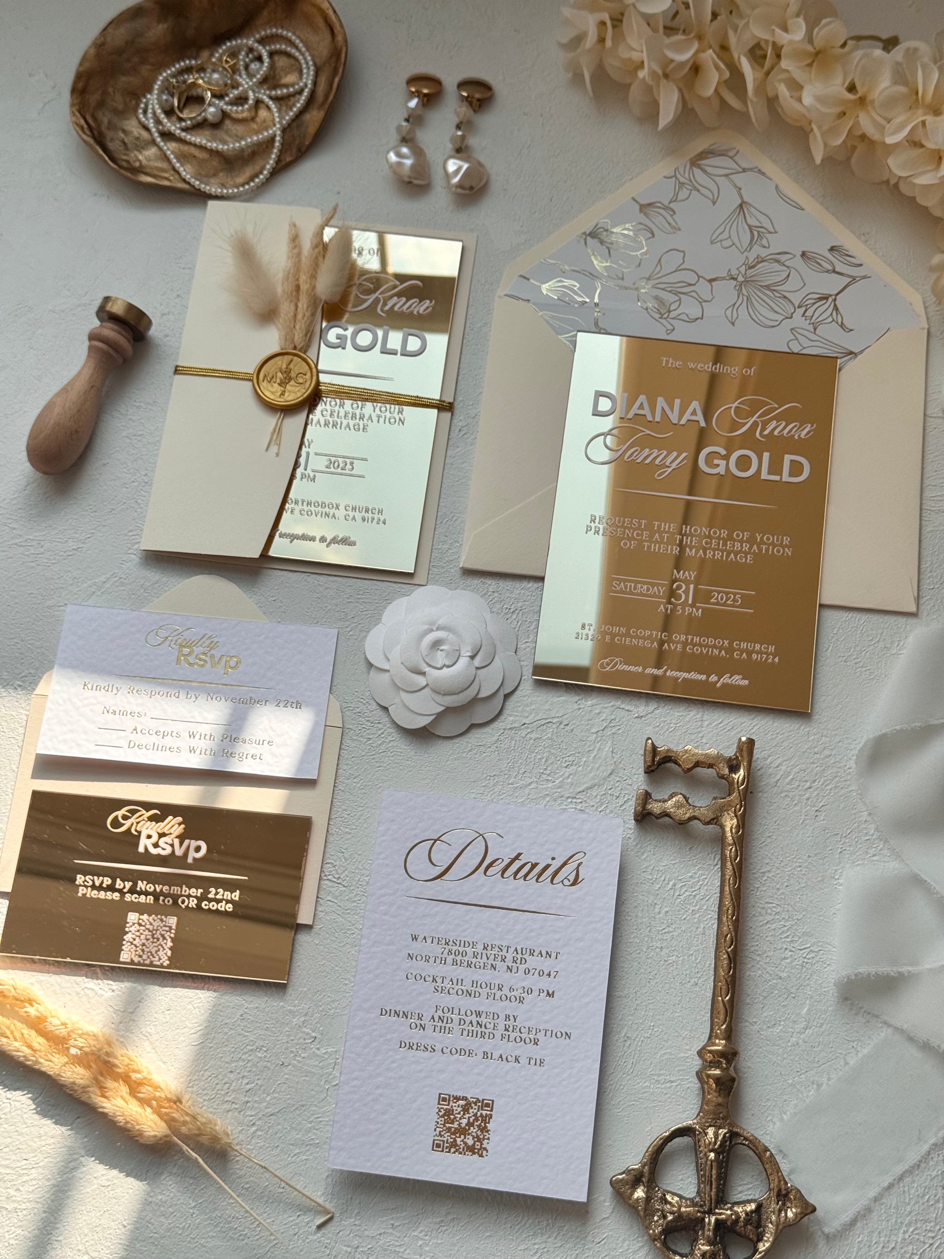 GOLD ACRYLIC WEDDING INVITATIONS WITH IVORY ENVELOPE