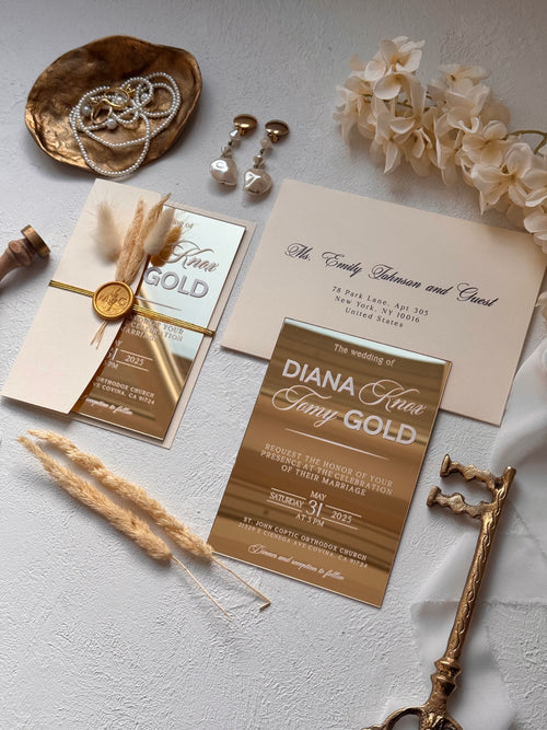GOLD ACRYLIC WEDDING INVITATIONS WITH IVORY ENVELOPE