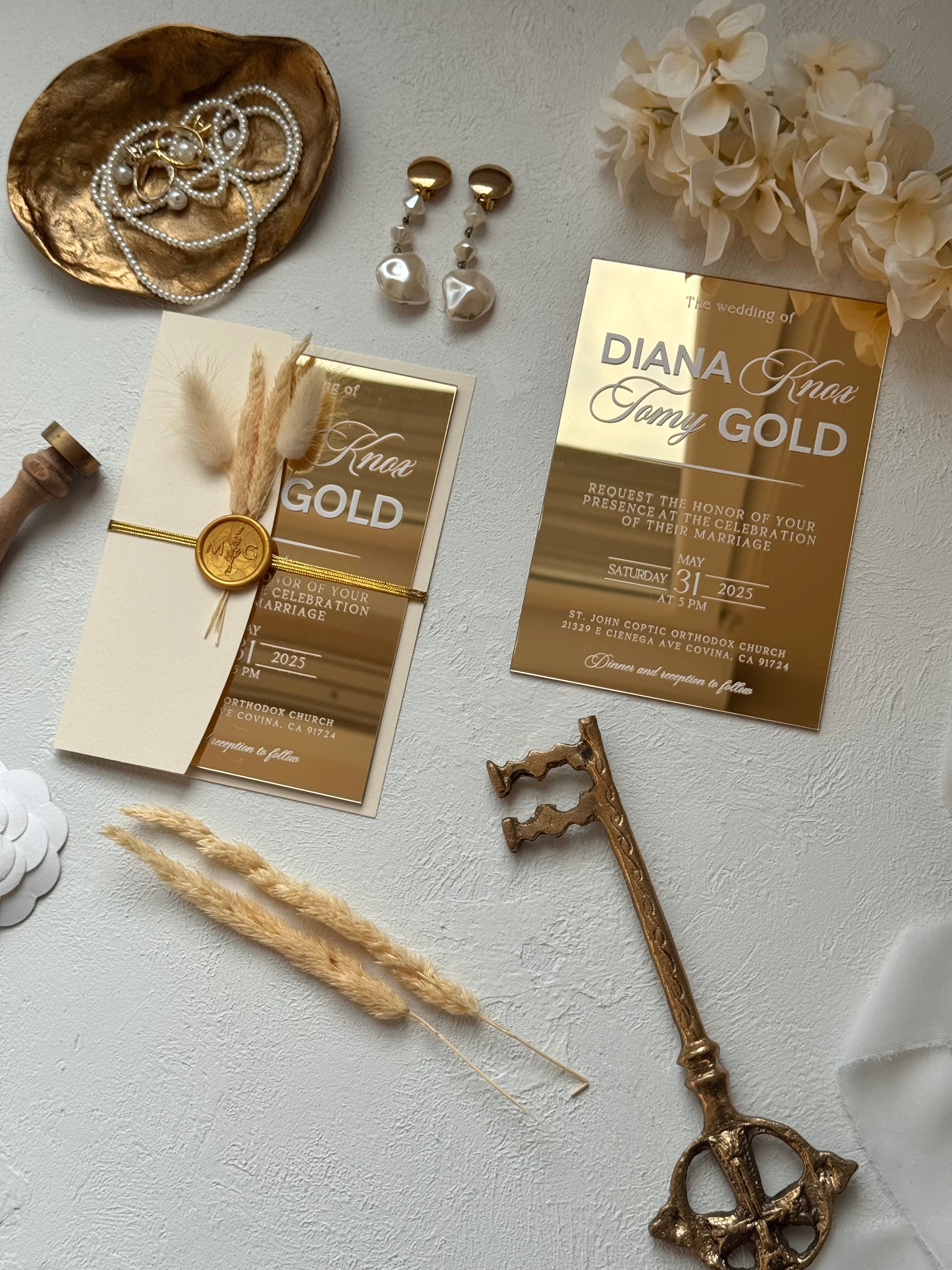 GOLD ACRYLIC WEDDING INVITATIONS WITH IVORY ENVELOPE