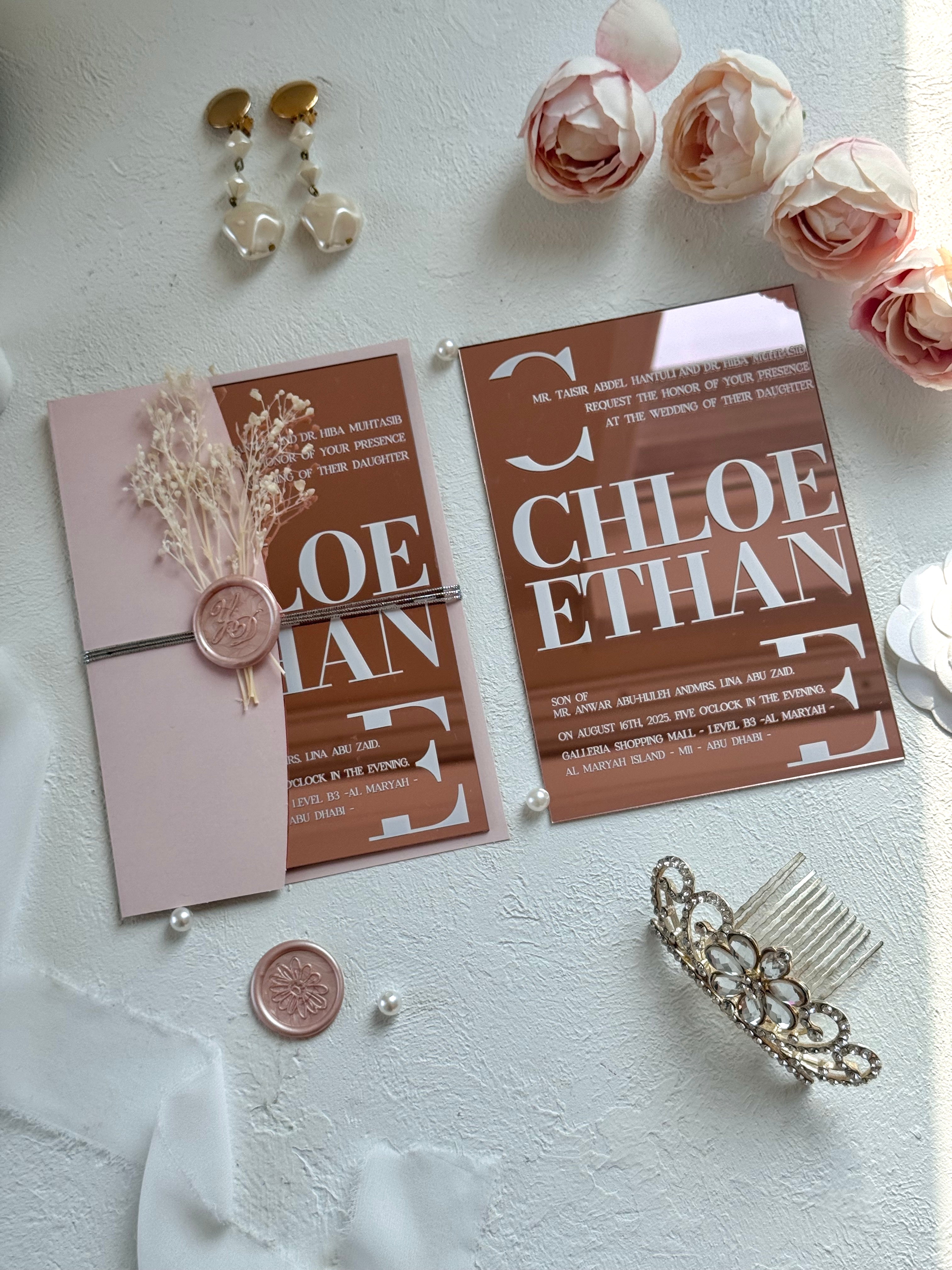 ROSE GOLD ACRYLIC WEDDING INVITATIONS WITH BLUSH PINK ENVELOPES